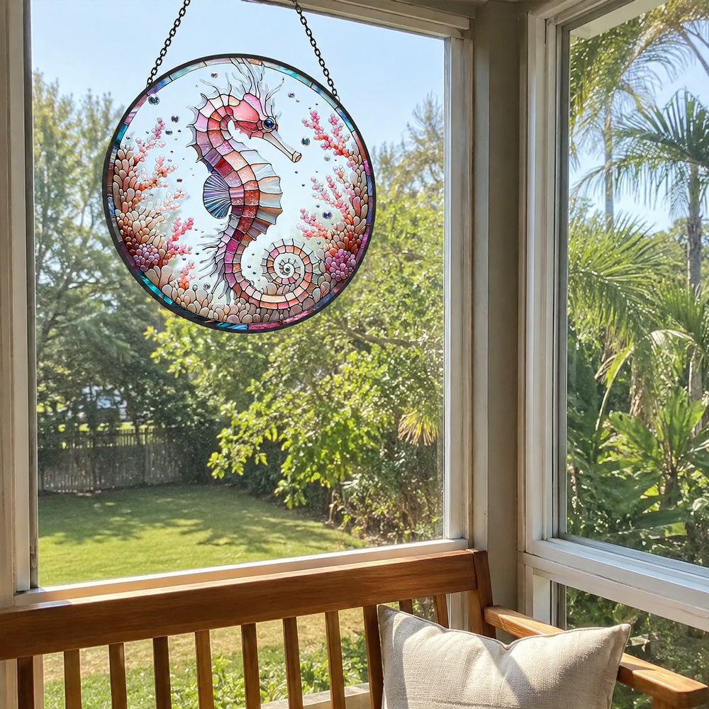 Pastel pink coral seahorse stained glass suncatcher window hanging, suitable for home and garden decoration