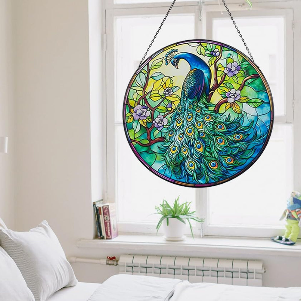 Peacock in bloom stained glass suncatcher window hanging, suitable for home and garden decoration