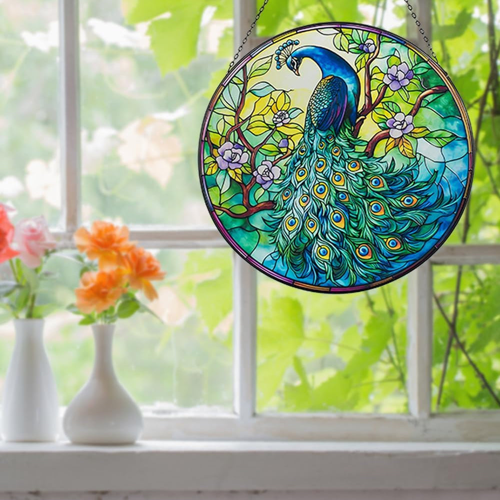 Peacock in bloom stained glass suncatcher window hanging, suitable for home and garden decoration
