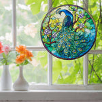 Peacock in bloom stained glass suncatcher window hanging, suitable for home and garden decoration