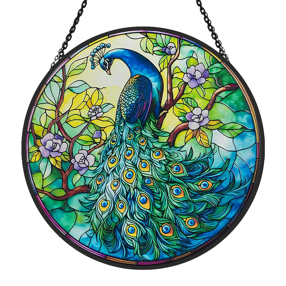 Peacock in bloom stained glass suncatcher window hanging, suitable for home and garden decoration