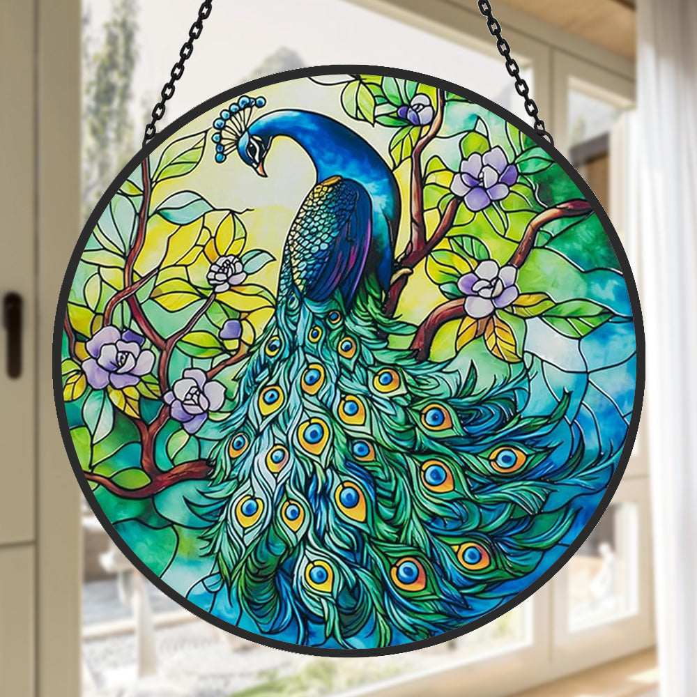 Peacock in bloom stained glass suncatcher window hanging, suitable for home and garden decoration