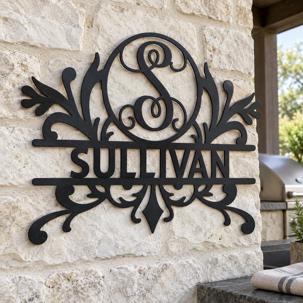Personalized Initial Name Monogram metal wall sign displayed on the wall