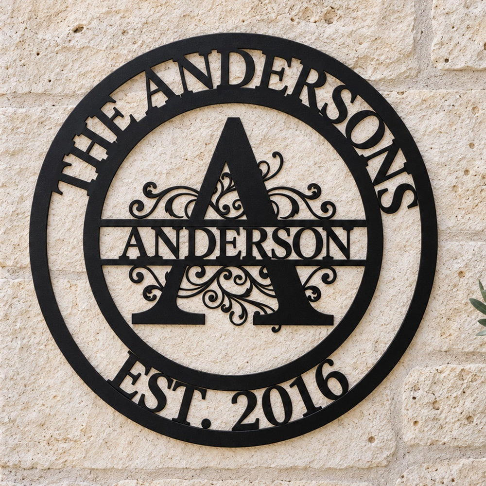 Personalized Initial Name Monogram metal wall sign displayed on the wall