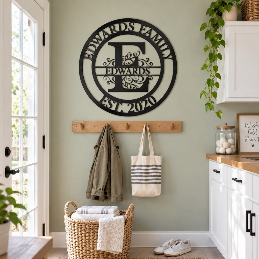 Personalized Initial Name Monogram metal wall sign displayed on the wall
