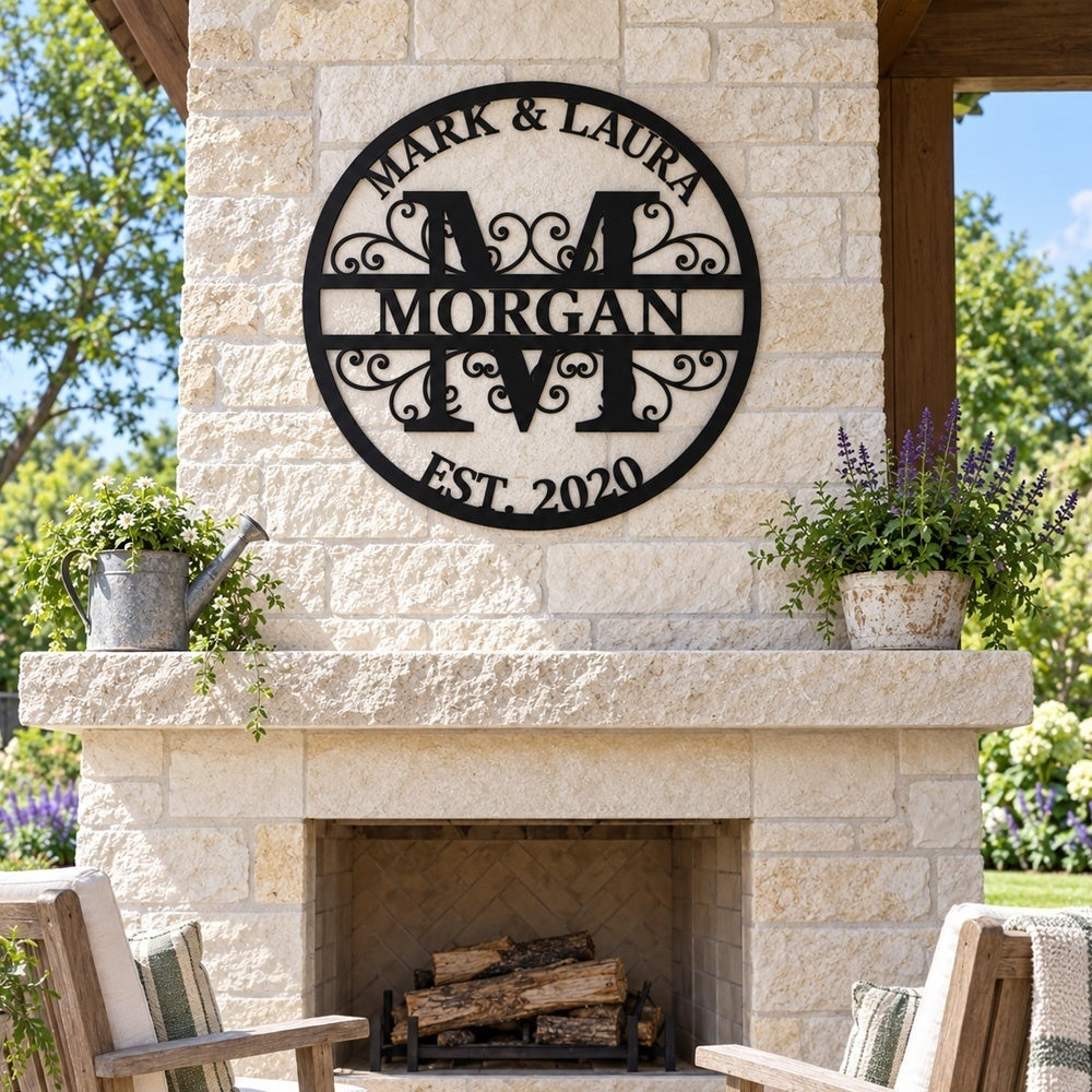 Personalized Initial Name Monogram metal wall sign displayed on the wall