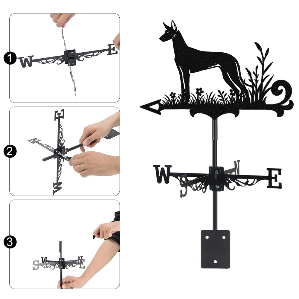 Pharaoh hound metal weather vane with directional arrows and mounting rod, outdoor roof and garden decoration