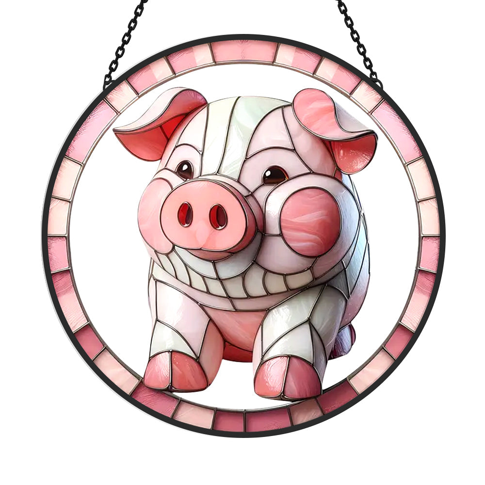Pink farmhouse pig stained glass suncatcher window hanging, suitable for home and garden decoration