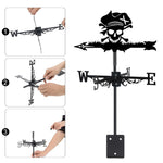 Pirate skull metal weather vane with directional arrows and mounting rod, outdoor roof and garden decoration