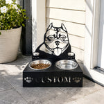 Personalized pit bull terrier metal dog bowl stand with custom name cutout and two removable feeding bowls