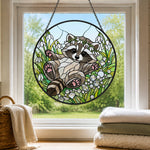 Playful snowdrop baby raccoon stained glass suncatcher window hanging, suitable for home and garden decoration