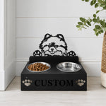 Personalized pomeranian metal dog bowl stand with custom name cutout and two removable feeding bowls