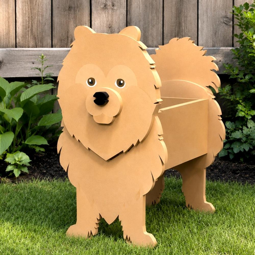 Pomeranian dog planter filled with fresh flowers is placed in the garden