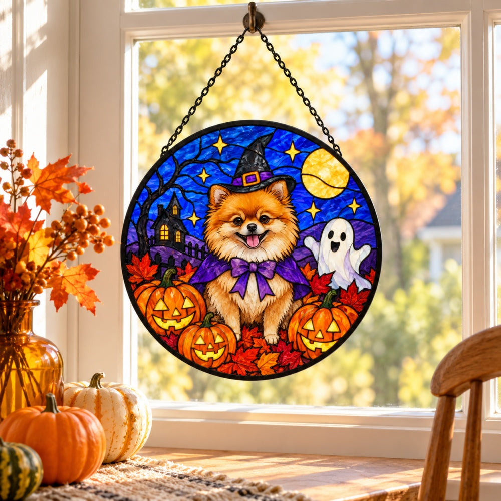 Pomeranian Halloween stained glass suncatcher window hanging, suitable for home and garden decoration
