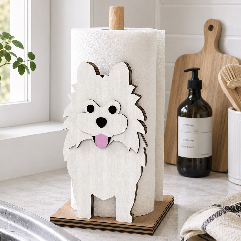 Pomeranian Wooden Dog Paper Towel Holder displayed on a kitchen countertop with a freestanding paper towel roll