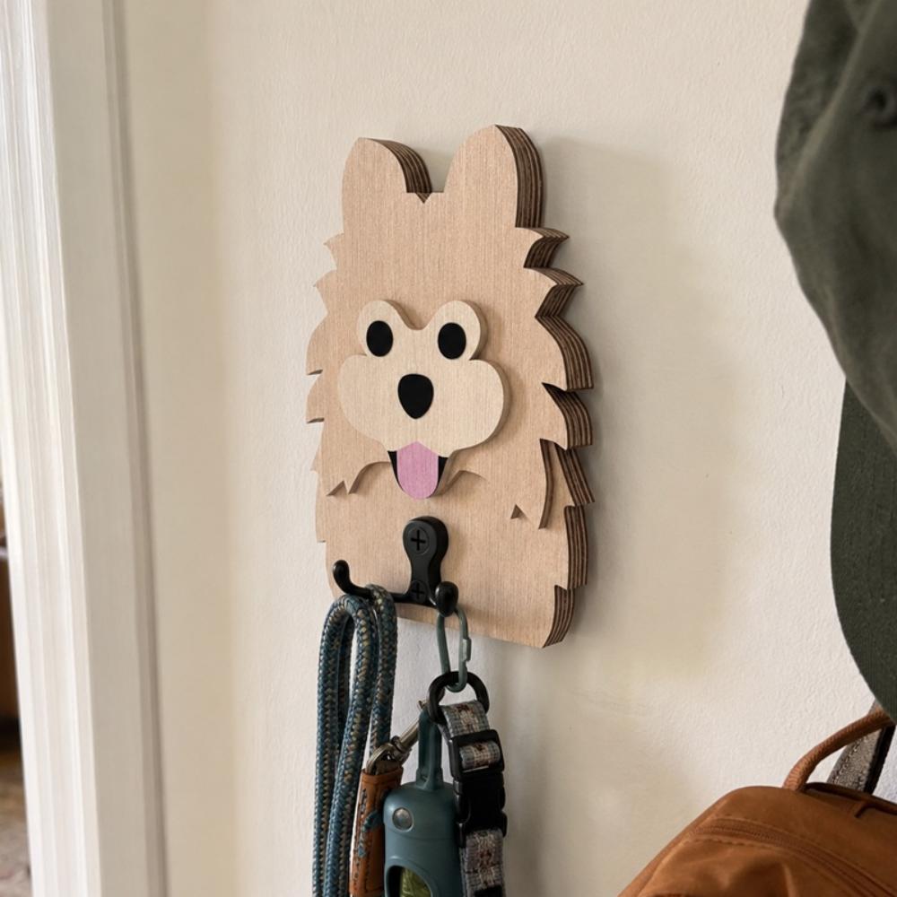 Pomeranian wooden dog wall hook key and leash holder for home entryway organizer