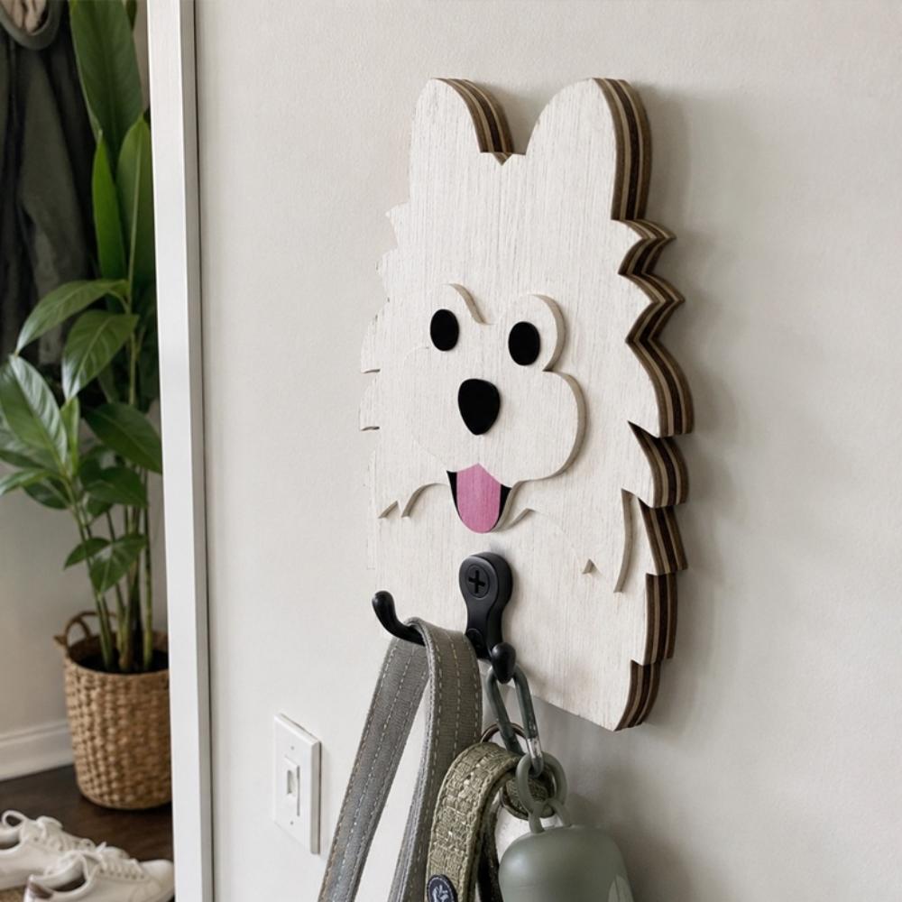Pomeranian wooden dog wall hook key and leash holder for home entryway organizer