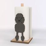 Poodle Wooden Dog Paper Towel Holder displayed on a kitchen countertop with a freestanding paper towel roll