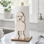 Poodle Wooden Dog Paper Towel Holder displayed on a kitchen countertop with a freestanding paper towel roll