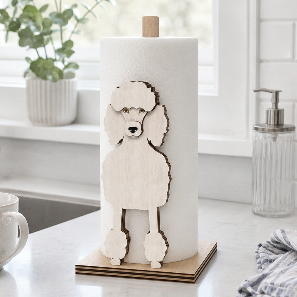 Poodle Wooden Dog Paper Towel Holder displayed on a kitchen countertop with a freestanding paper towel roll