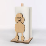 Poodle Wooden Dog Paper Towel Holder displayed on a kitchen countertop with a freestanding paper towel roll