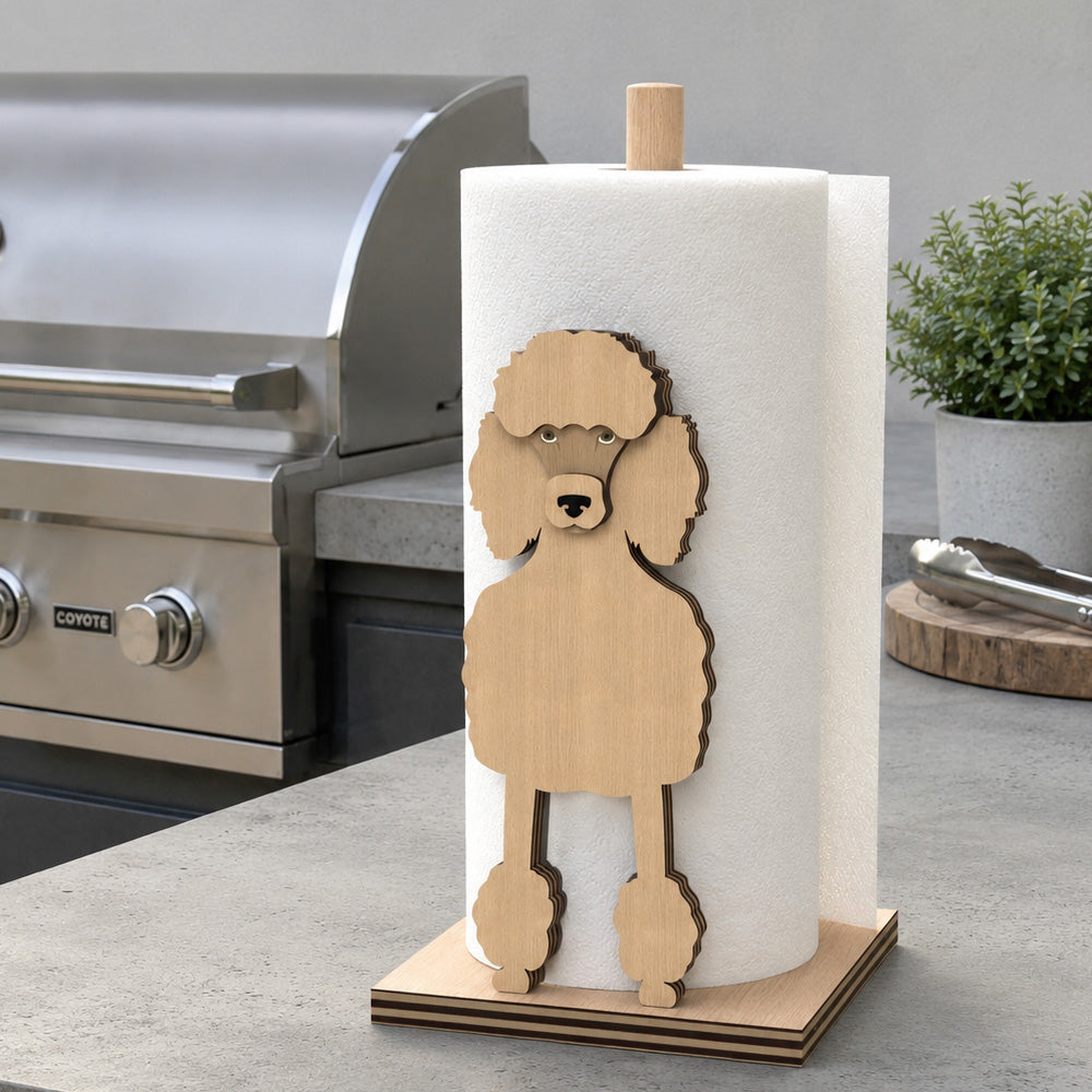 Poodle Wooden Dog Paper Towel Holder displayed on a kitchen countertop with a freestanding paper towel roll