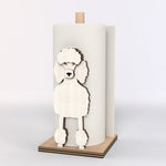 Poodle Wooden Dog Paper Towel Holder displayed on a kitchen countertop with a freestanding paper towel roll