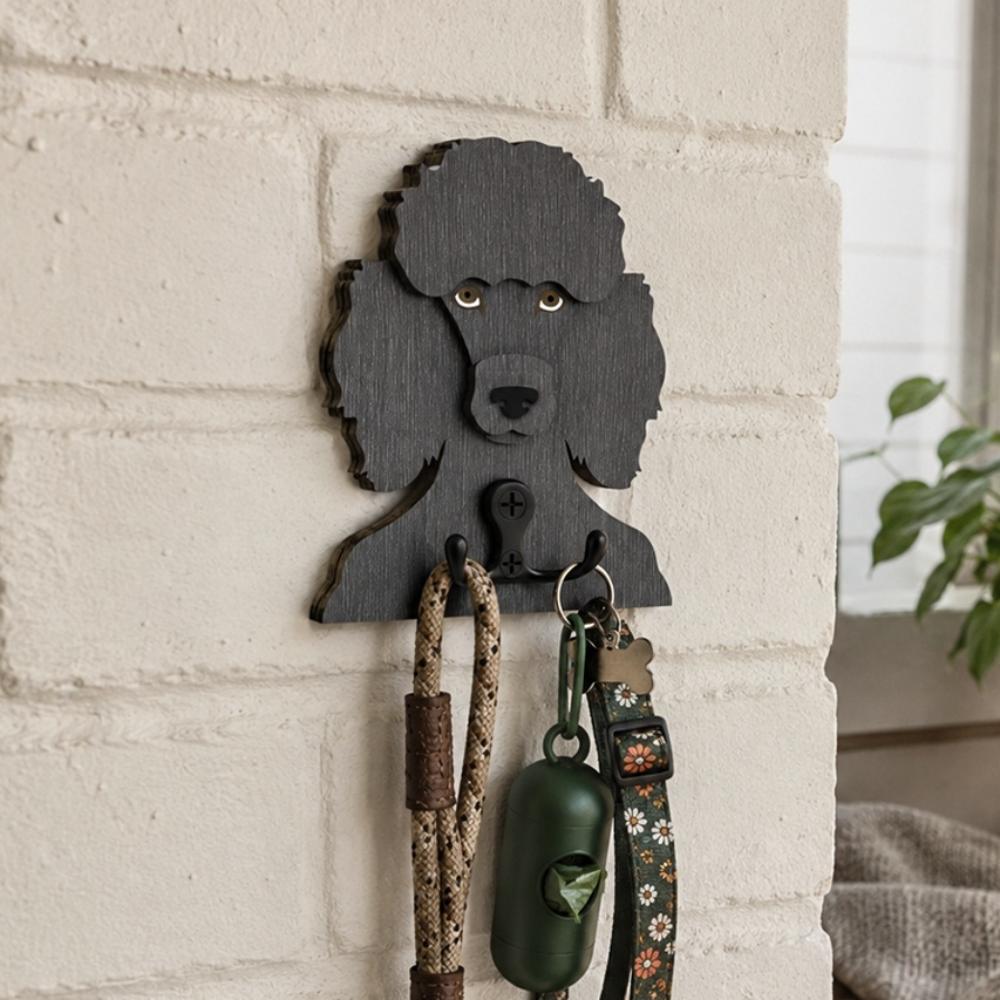 Poodle wooden dog wall hook key and leash holder for home entryway organizer