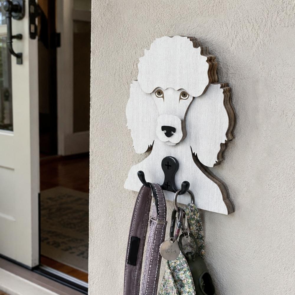 Poodle wooden dog wall hook key and leash holder for home entryway organizer