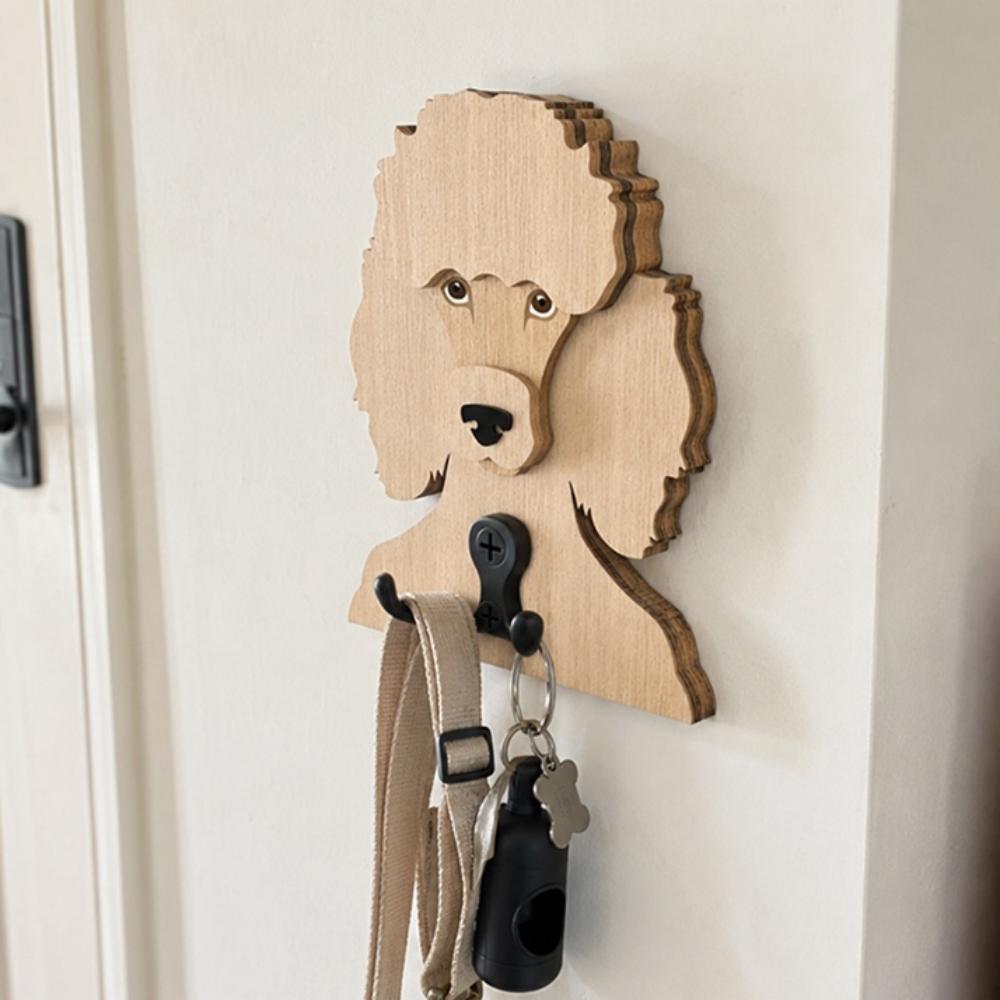 Poodle wooden dog wall hook key and leash holder for home entryway organizer