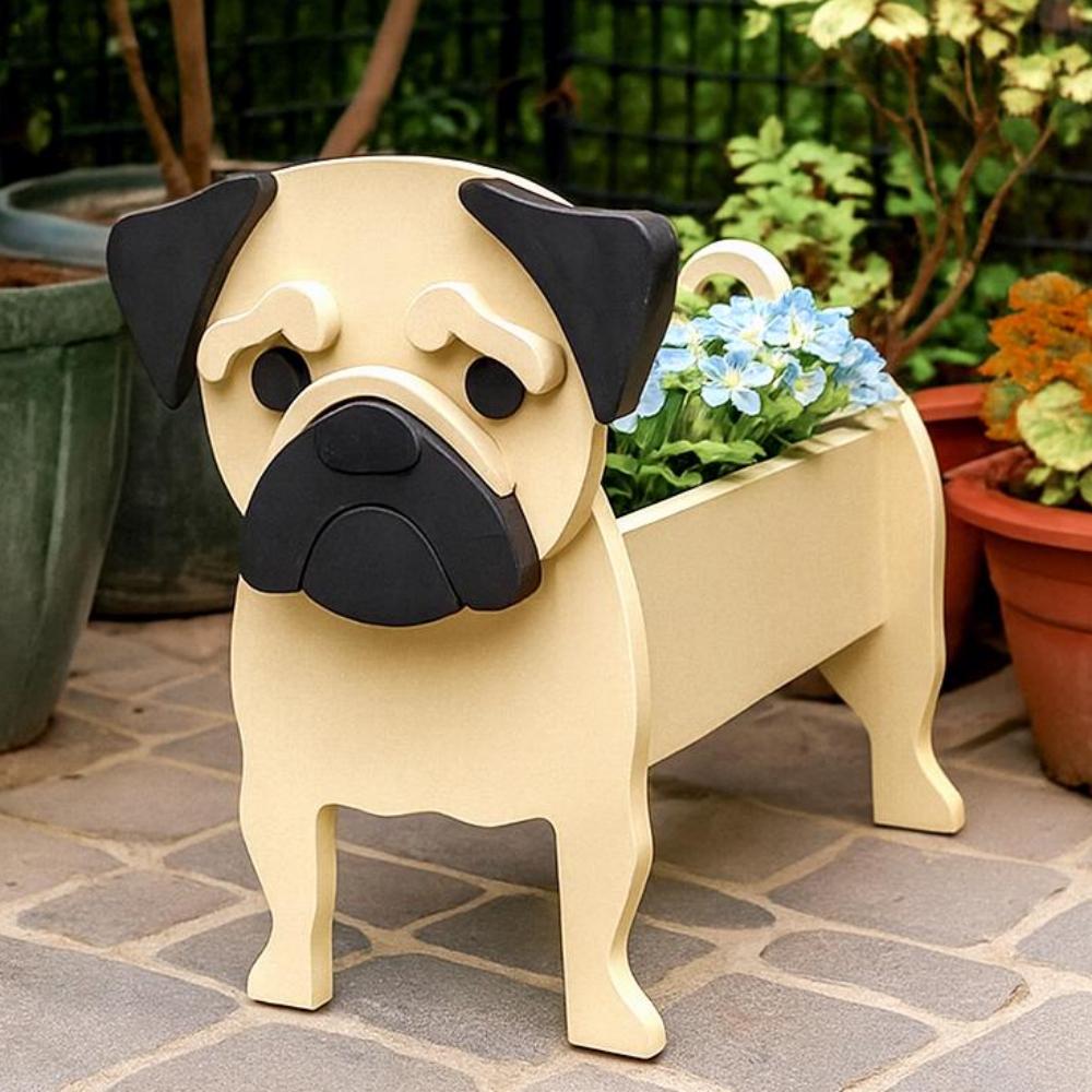 Fawn pug dog planter with black ears and face on a patio with plants in the background