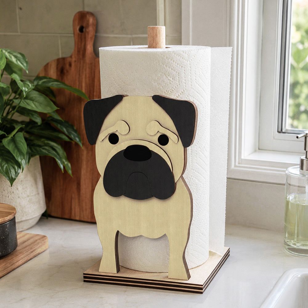 Pug Wooden Dog Paper Towel Holder displayed on a kitchen countertop with a freestanding paper towel roll