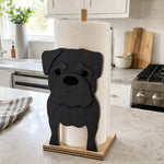 Pug Wooden Dog Paper Towel Holder displayed on a kitchen countertop with a freestanding paper towel roll