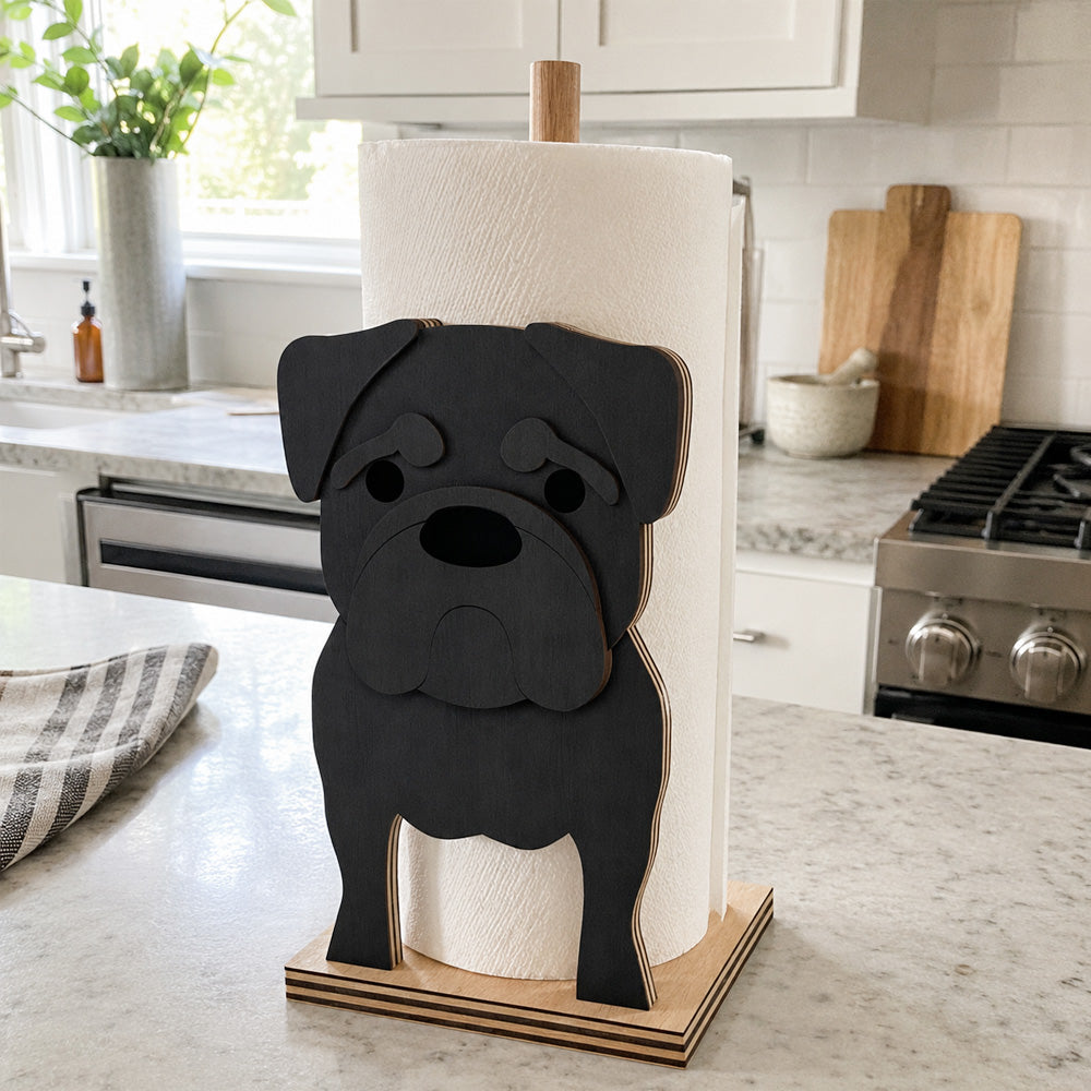 Pug Wooden Dog Paper Towel Holder displayed on a kitchen countertop with a freestanding paper towel roll