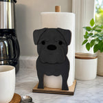 Pug Wooden Dog Paper Towel Holder displayed on a kitchen countertop with a freestanding paper towel roll
