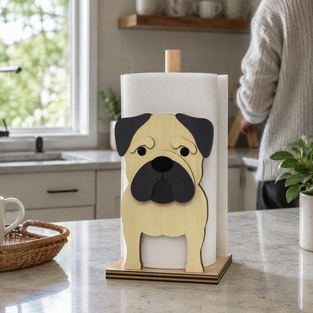 Pug Wooden Dog Paper Towel Holder displayed on a kitchen countertop with a freestanding paper towel roll