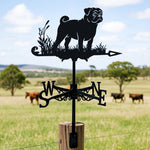 Pug metal weather vane with directional arrows and mounting rod, outdoor roof and garden decoration