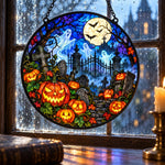 Pumpkin Ghost Cemetery Halloween stained glass suncatcher window hanging, suitable for home and garden decoration