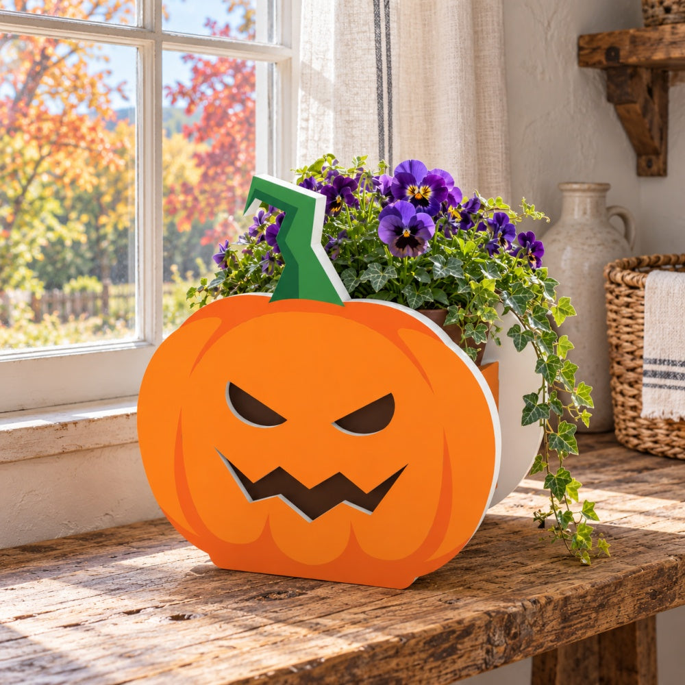 Halloween Planter Pumpkin planter filled with fresh flowers is placed in the garden