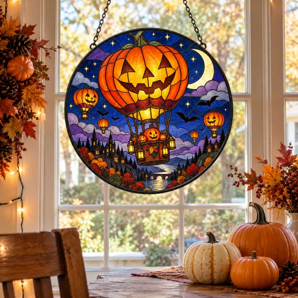 Pumpkin Hot Air Balloon Halloween stained glass suncatcher window hanging, suitable for home and garden decoration