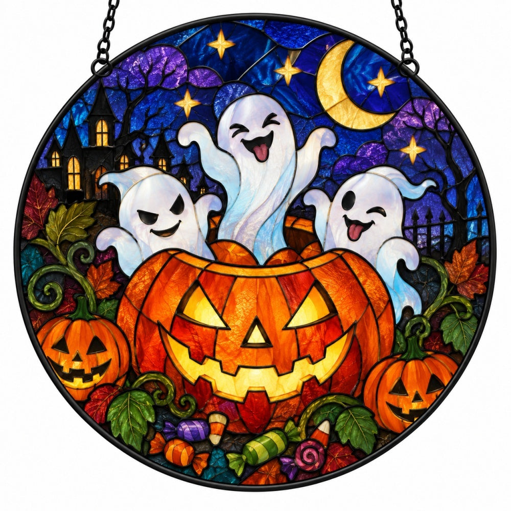 Pumpkin Mischief Ghost Halloween stained glass suncatcher window hanging, suitable for home and garden decoration