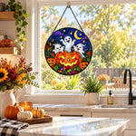 Pumpkin Mischief Ghost Halloween stained glass suncatcher window hanging, suitable for home and garden decoration