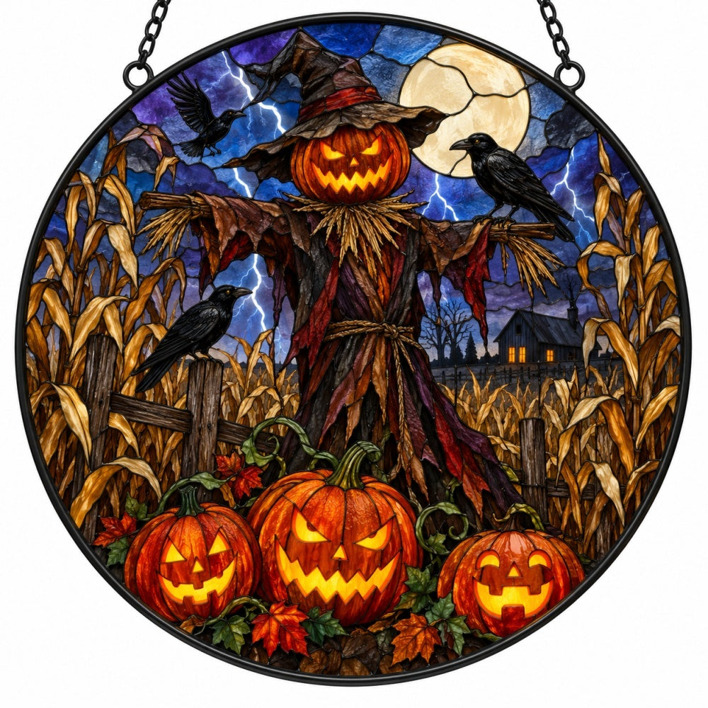 Pumpkin Scarecrow Halloween stained glass suncatcher window hanging, suitable for home and garden decoration