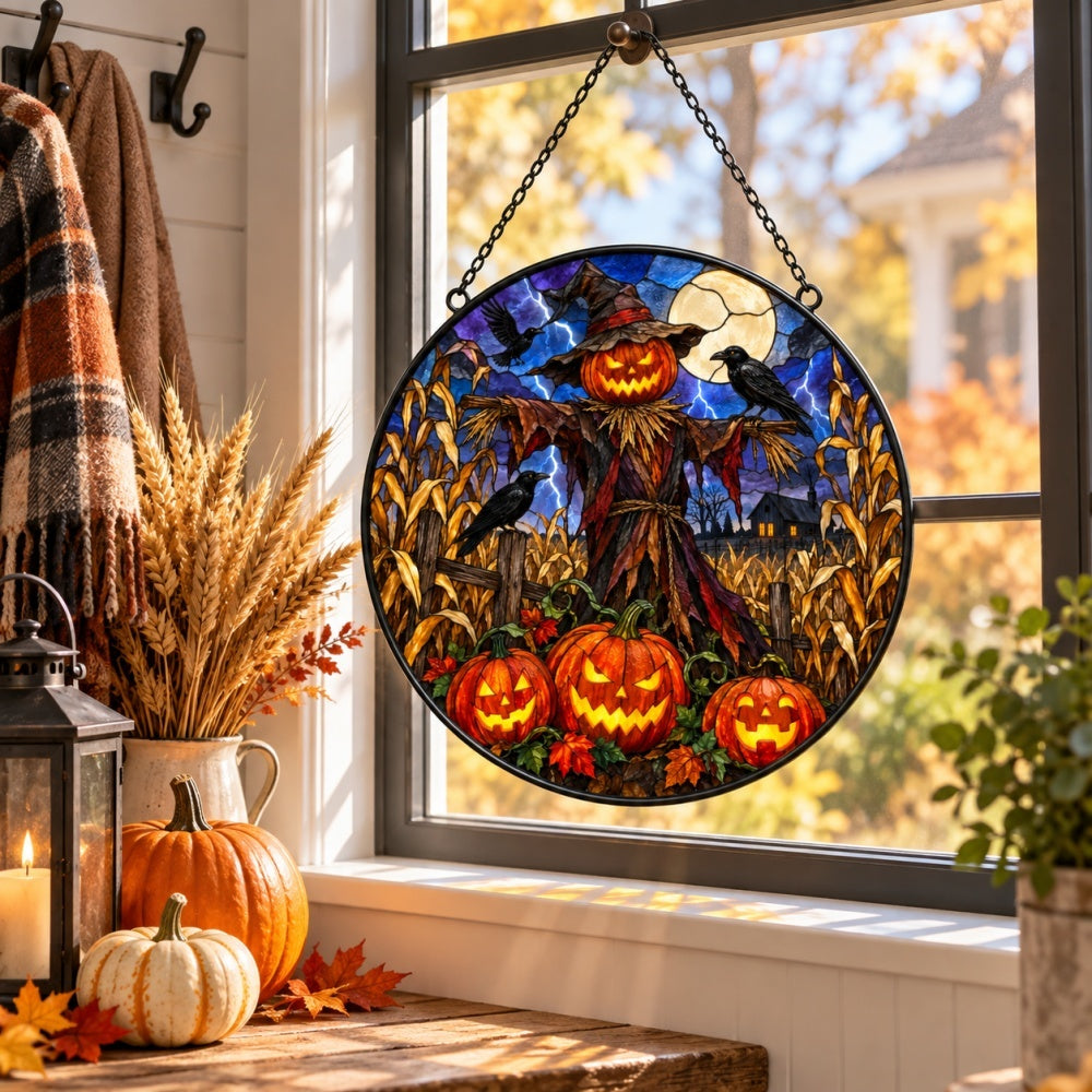 Pumpkin Scarecrow Halloween stained glass suncatcher window hanging, suitable for home and garden decoration