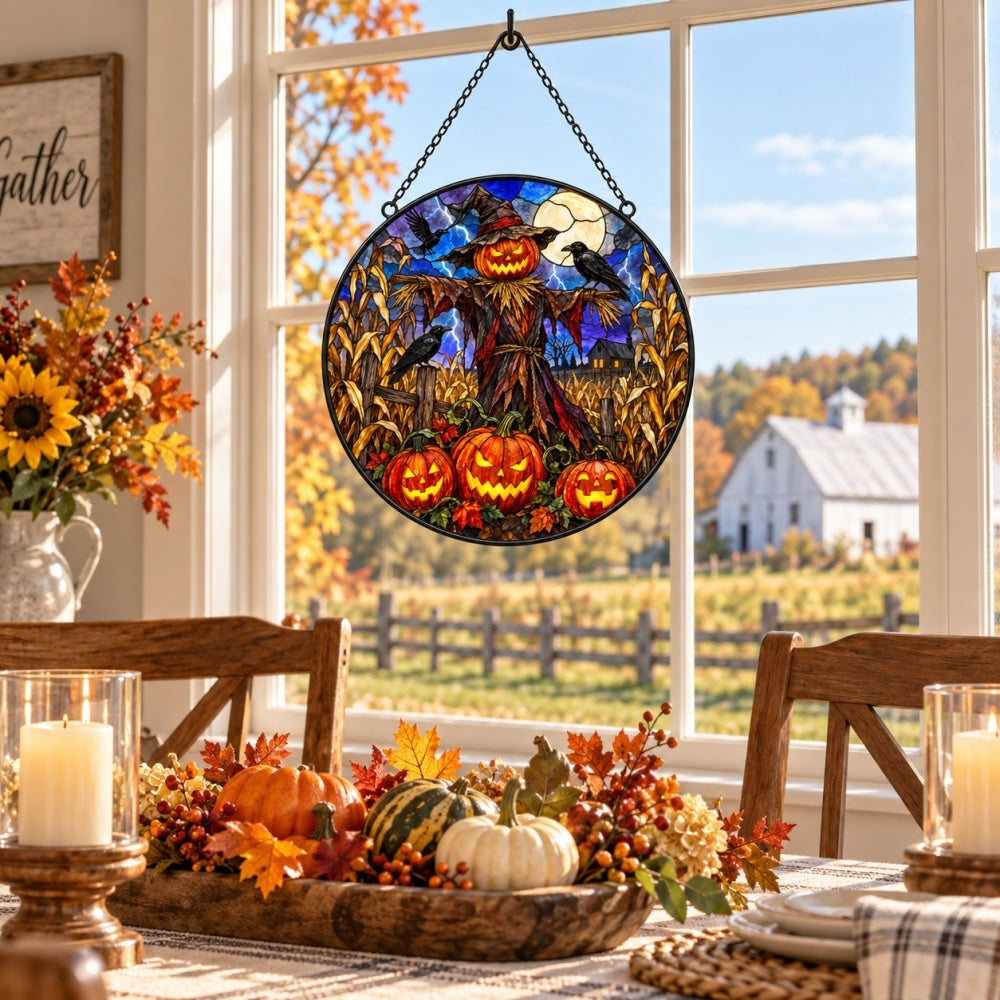 Pumpkin Scarecrow Halloween stained glass suncatcher window hanging, suitable for home and garden decoration