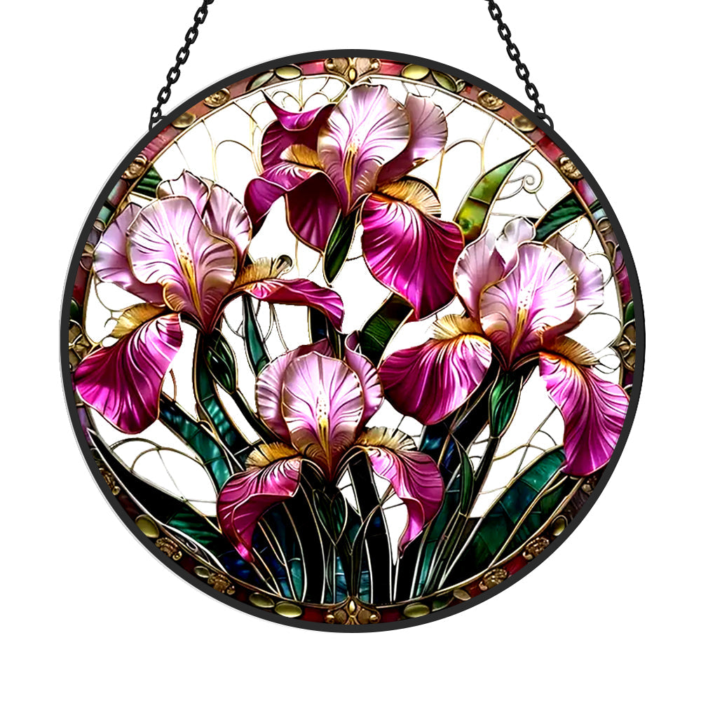 Purple iris garden floral stained glass suncatcher window hanging, suitable for home and garden decoration