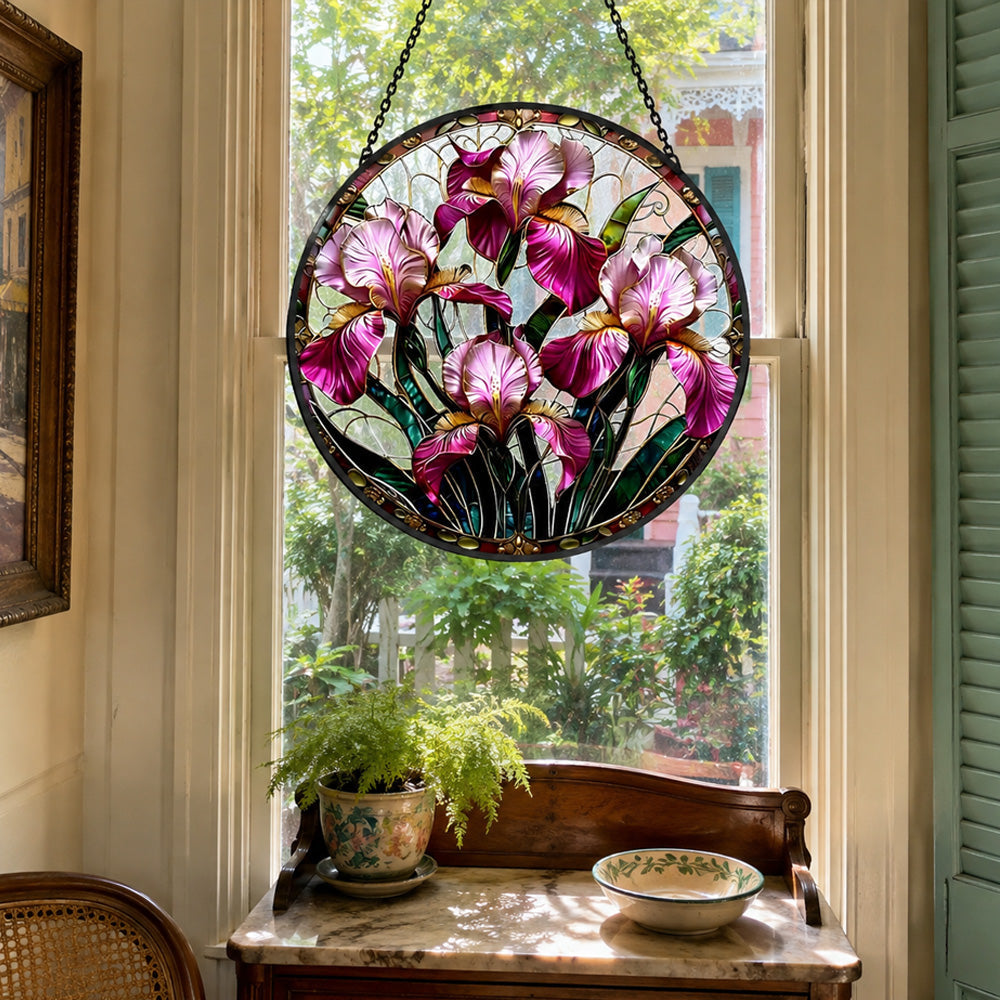 Purple iris garden floral stained glass suncatcher window hanging, suitable for home and garden decoration