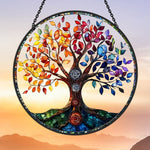 Rainbow chakra tree of life stained glass suncatcher window hanging, suitable for home and garden decoration