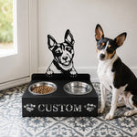 Personalized rat terrier metal dog bowl stand with custom name cutout and two removable feeding bowls