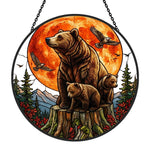 Red moon bear family stained glass suncatcher window hanging, suitable for home and garden decoration